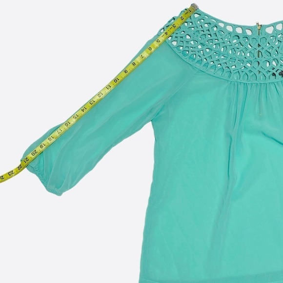 UMGEE Chiffon Crochet Turquoise Blouse Size Large - Picture 8 of 11